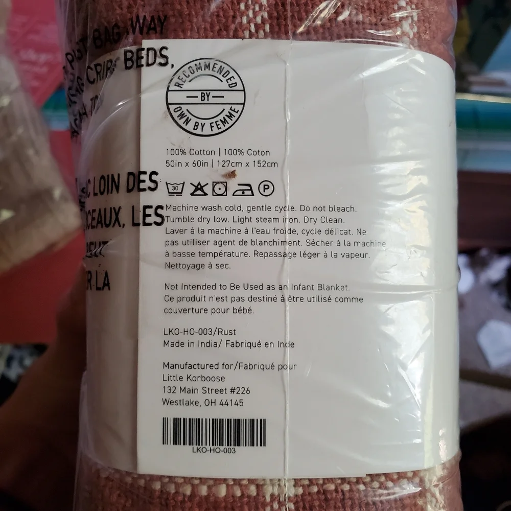 NWT Little Korboose Woven Throw Blanket 100% Cotton in Color Rust